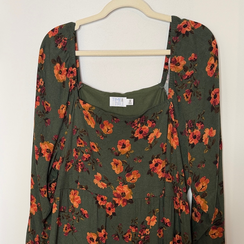 Time and Tru Green Floral Square Neck Midi Dress With Pockets Size XXL - Picture 3 of 16